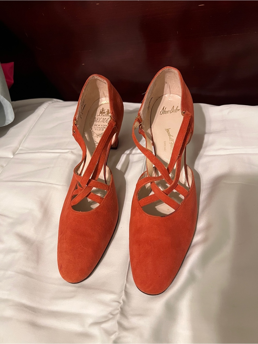 Vintage Delman Marshall Field Orange Suede Strappy Heels